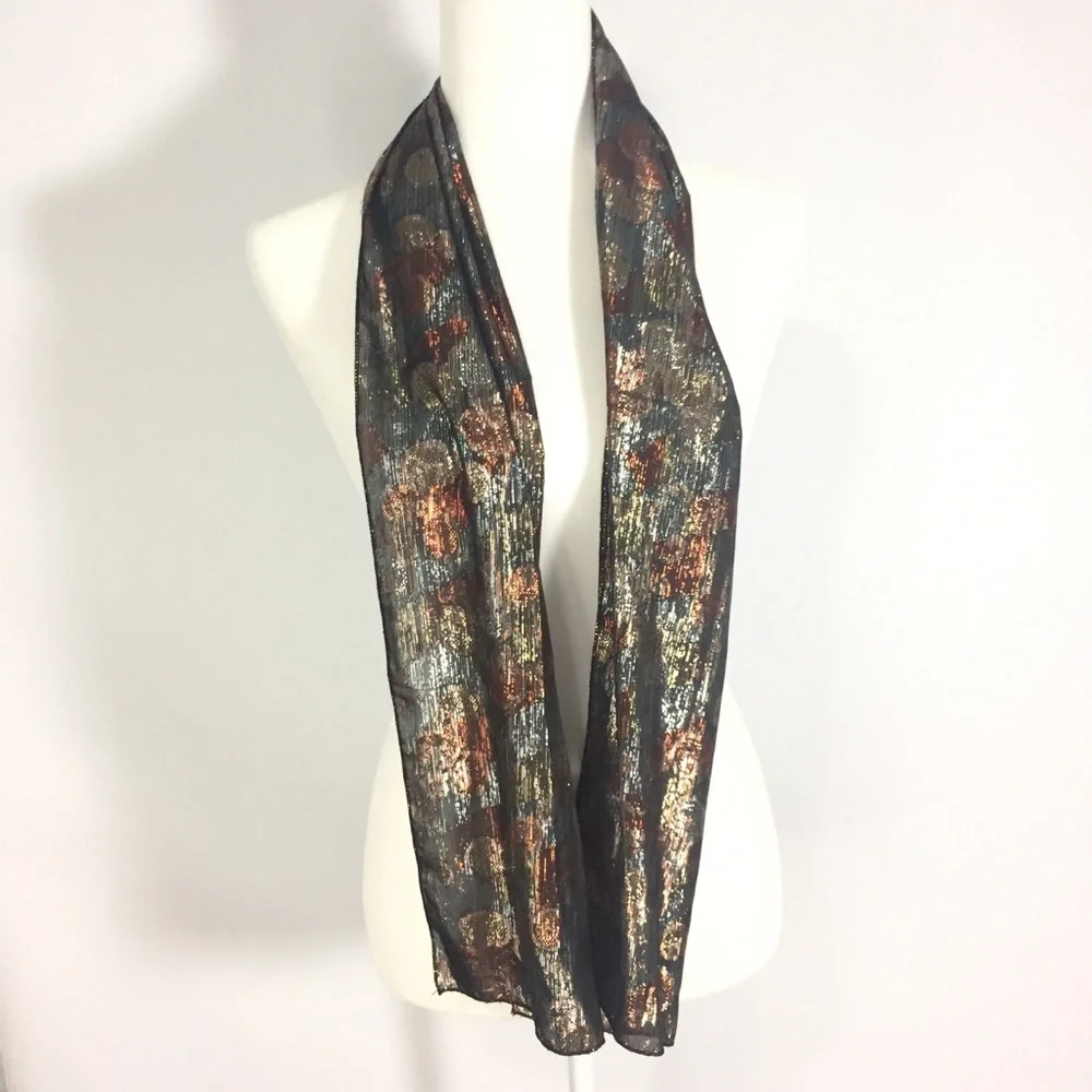 Vintage Scarf Metallic Silver Gold Copper Black Warm Fall Colors - Picture 5 of 13